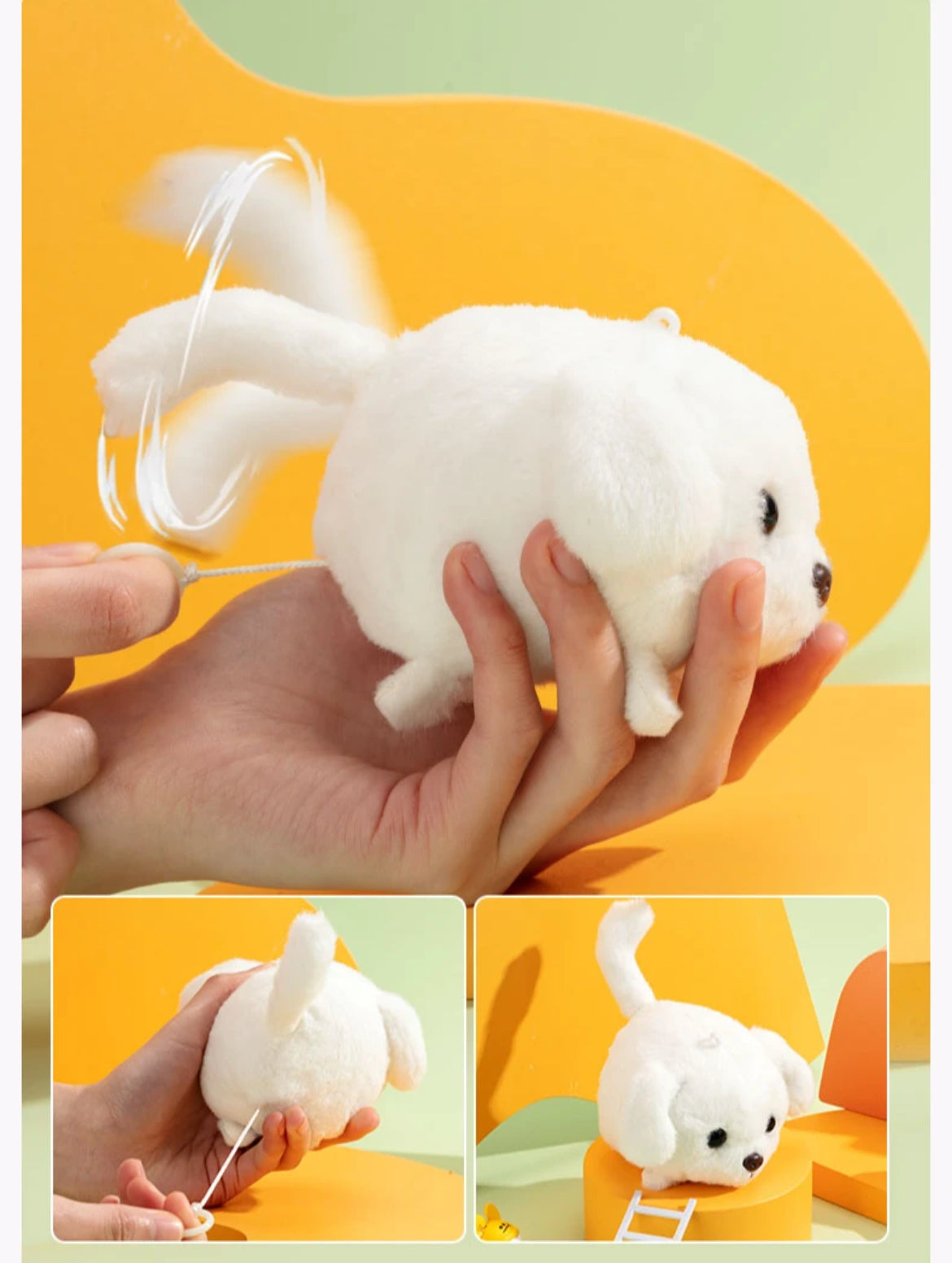 "Cute Plush Toy of a Tail-Wagging White Dog, Squeeze Toy, Adorable Decor